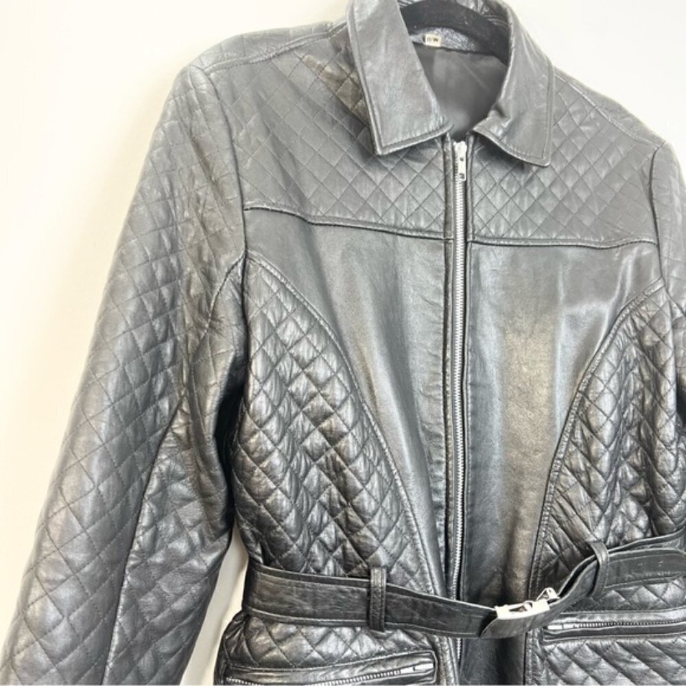 Black quilted leather 3/4 length belted jacket M - Picture 6 of 15